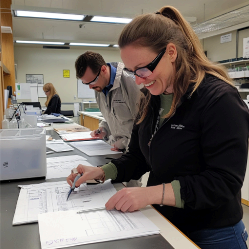 A technician compares bilingual data sheets while Minneapolis Translation Services standardizes units, tolerances.