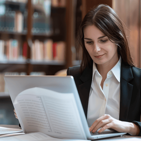 Woman translator reviews a conference paper on laptop to preparing it for academic translation to global knowledge sharing. Woman translator reviews a conference paper on laptop to preparing it for academic translation to global knowledge sharing.