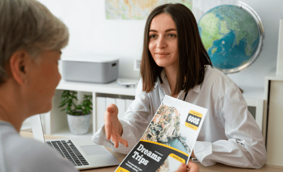 A translator reviewing brochures to provide translation services for businesses reach global audiences and engagement.