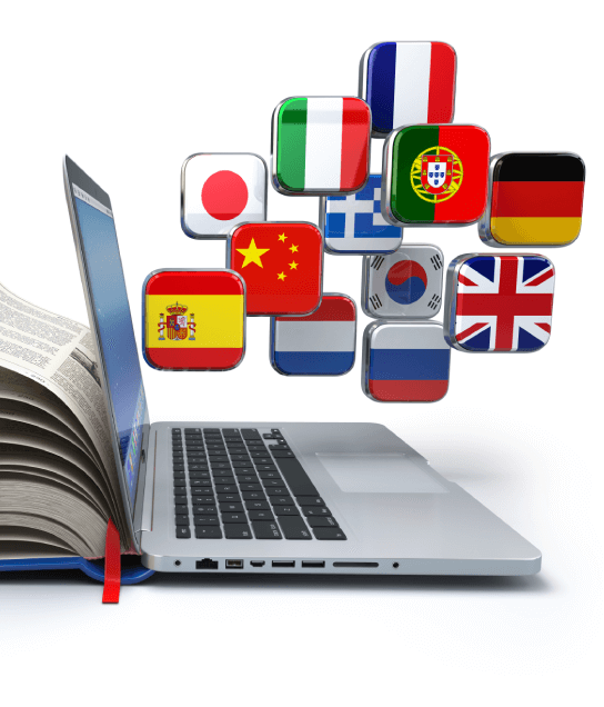 A screen displays multilingual translation, emphasizing the importance of brochure translation for global communication.