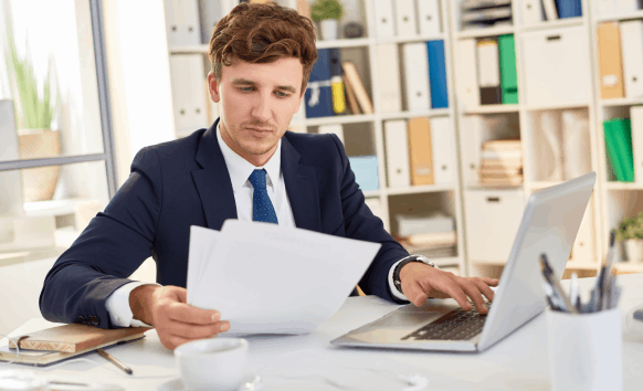 A manager approves a rush contract delivery, using New York Translation Services for business documents before a deadline.