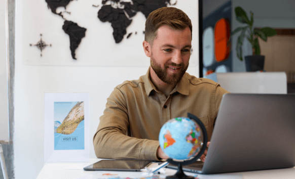 Translator working on catalog translation services for businesses, ensuring accuracy and global reach for target markets.