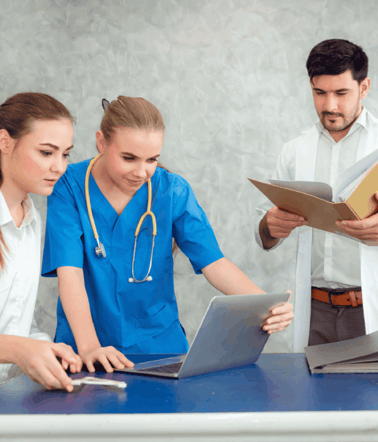 Translator and a clinical doctor discussing the precision required in clinical trials translation for research documentation.