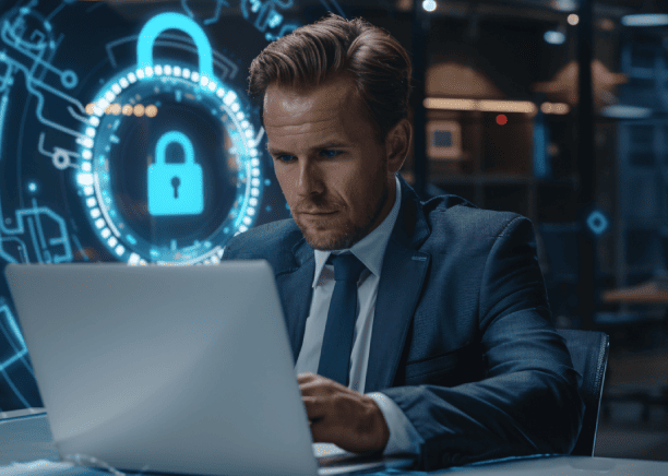 A man using a laptop illustrates the secure processes involved in delivering highly confidential translation services.