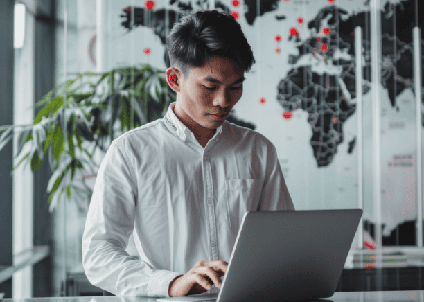Man with laptop working on the driver’s license translation services designed for simplified international and compliance. Man with laptop working on the driver’s license translation services designed for simplified international and compliance.