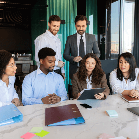 Our team of experts engaged in a discussion at an international event for banking translations to support global operations.