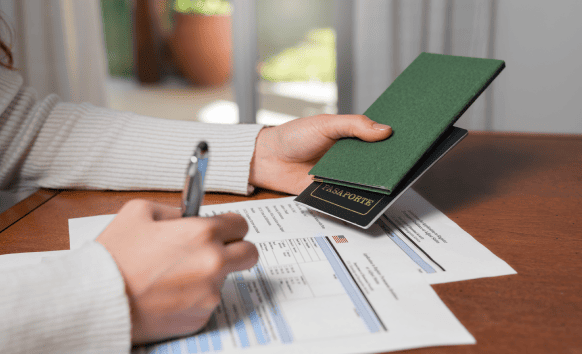 A green card application with documents, ensuring passport notarization and translation services for legal use.