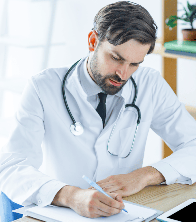 A doctor reviewing a medical document translated into Turkish, providing information with precision and attention to detail.