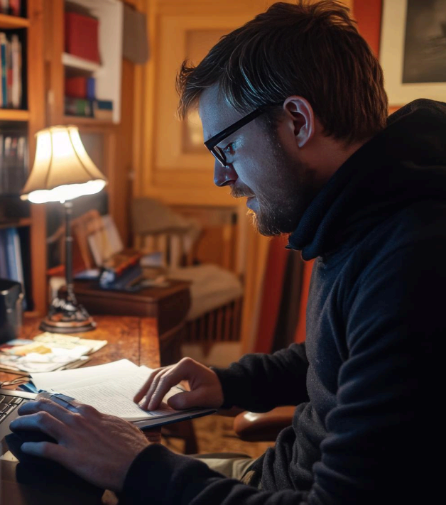 A linguist drafts a bilingual document as Hebrew Translation Services follow a clear process with terminology and style.