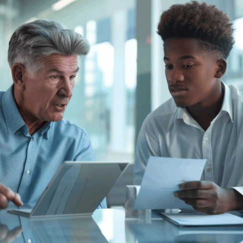 A finance lead checks a quarterly report with Tagalog Translation Services, confirming totals, tables, and headings match.