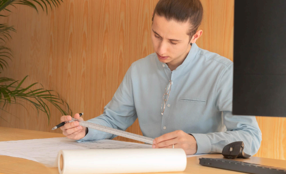 A project manager reviews a Hebrew contract on a laptop, coordinating Hebrew Translation Services for business teams.
