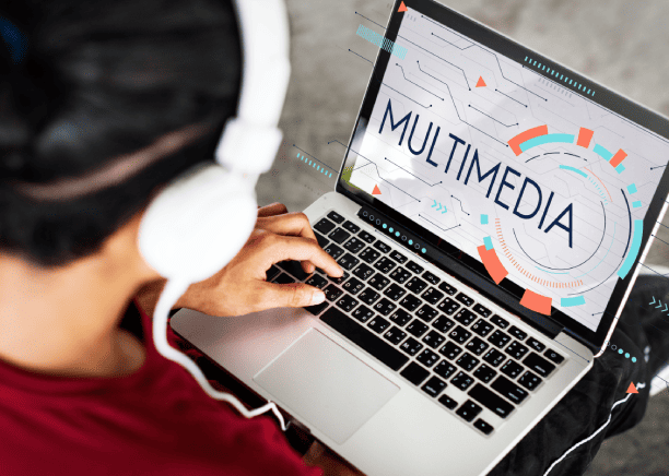 A futuristic multimedia interface displays digital content, emphasizing scalable translation solutions in Las Vegas.