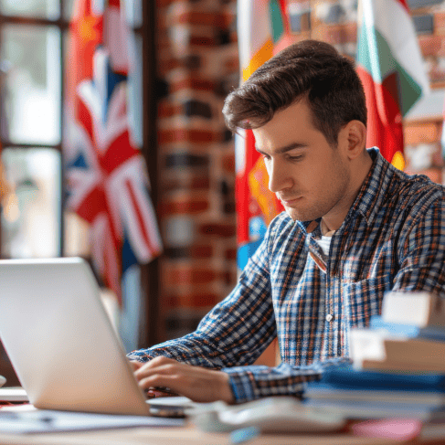 A student benefiting from academic translation services for study abroad, overcoming language barriers in academic content. A student benefiting from academic translation services for study abroad, overcoming language barriers in academic content.