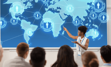 A woman presenting to an international users, showing how life science translation services help reach clients worldwide. A woman presenting to an international users, showing how life science translation services help reach clients worldwide.