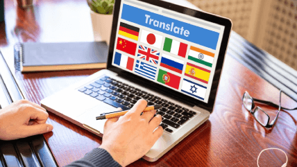 A laptop displaying translation, emphasizing multilingual contract translation services for seamless global communication. A laptop displaying translation, emphasizing multilingual contract translation services for seamless global communication.